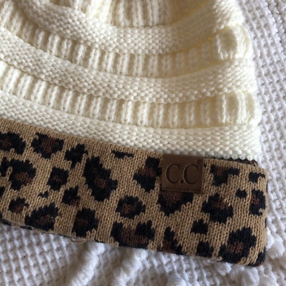 C.C Cheetah Band White Knit Winter Ponytail Headband - Picture 2 of 7